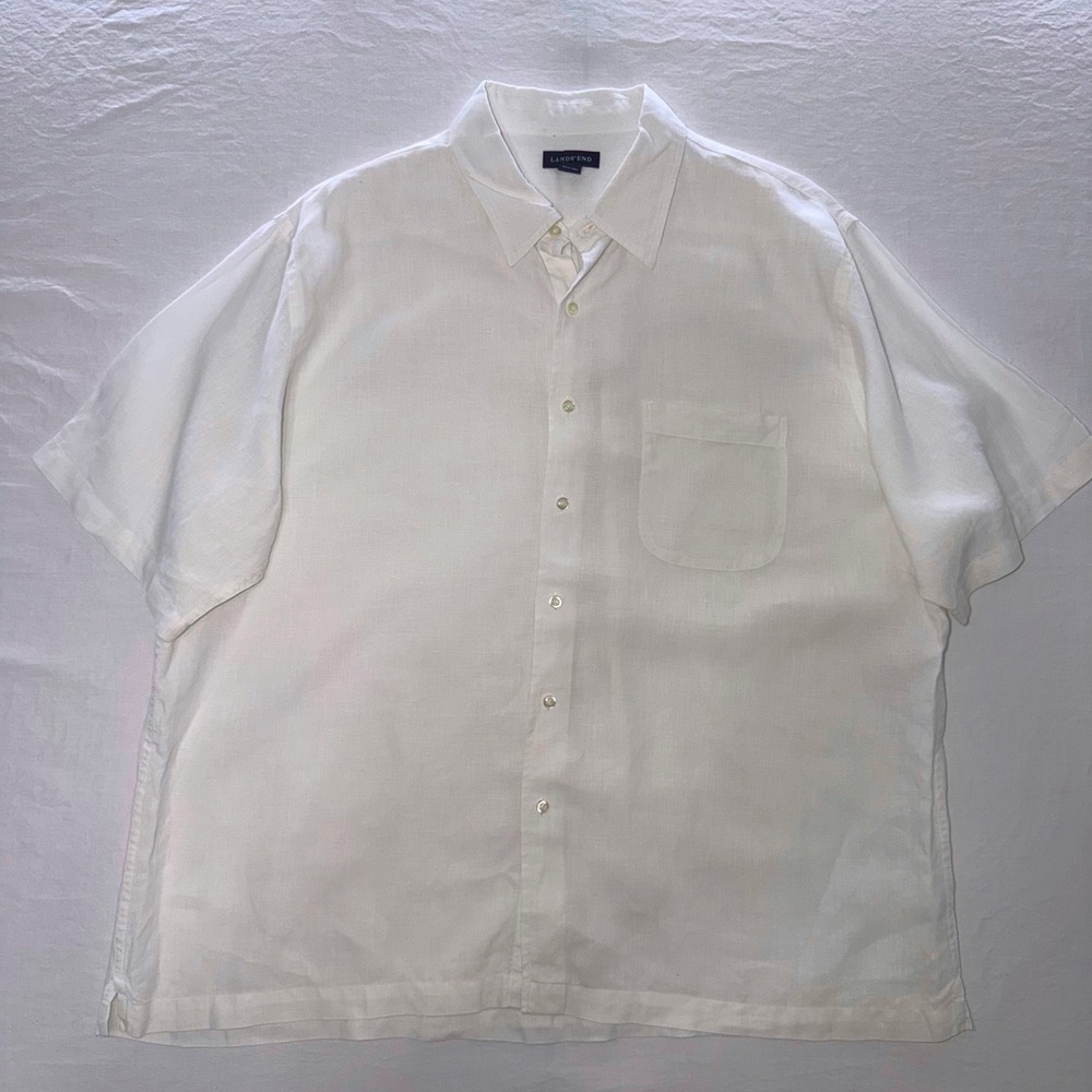 Lands' End Shirt Mens XL White Short Sleeve Button Up Camp Collar Casual Pocket